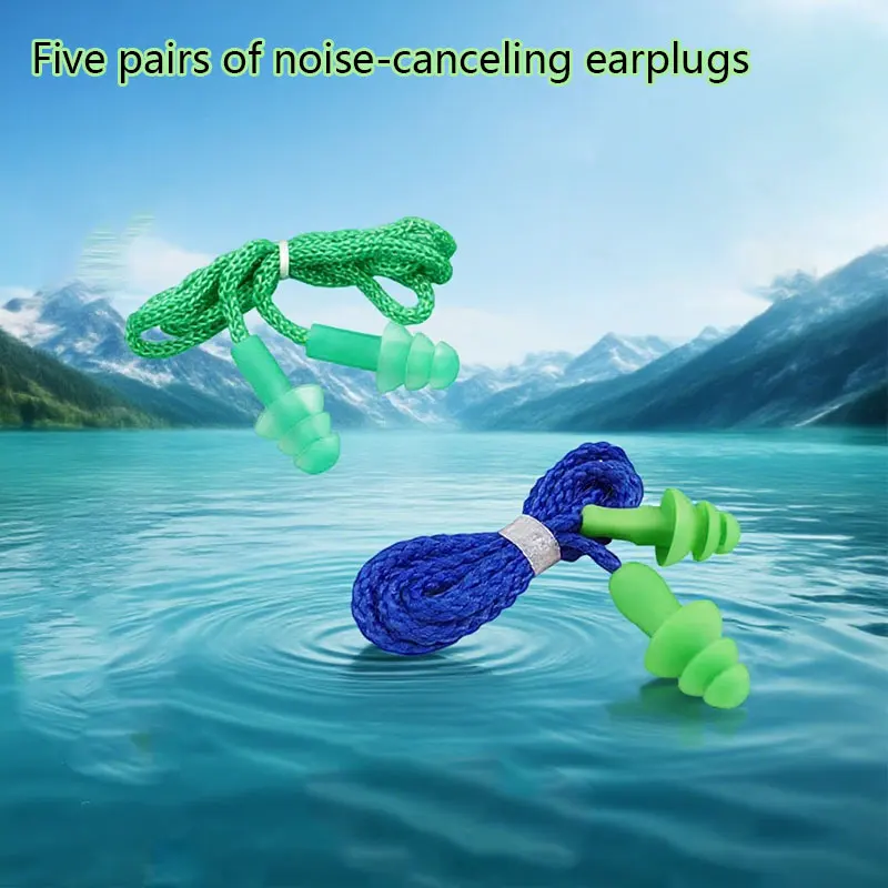 5 Pair Soundproof Earplugs with Wires Waterproof Earplugs for Swimming Studying and Sleeping Noise-proof and Washable Ear Plugs