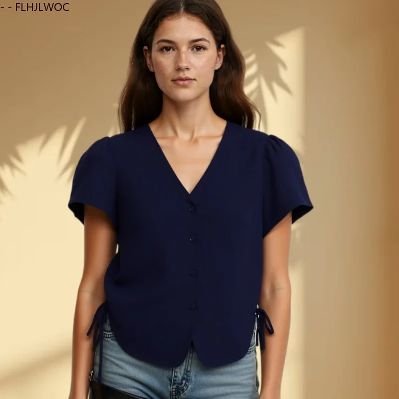 

Cotton Blends Tops Blouses New Fashion Women Summer Short Sleeve V Neck Cute Sweet Girls Solid Shirring Draped Button Shirts