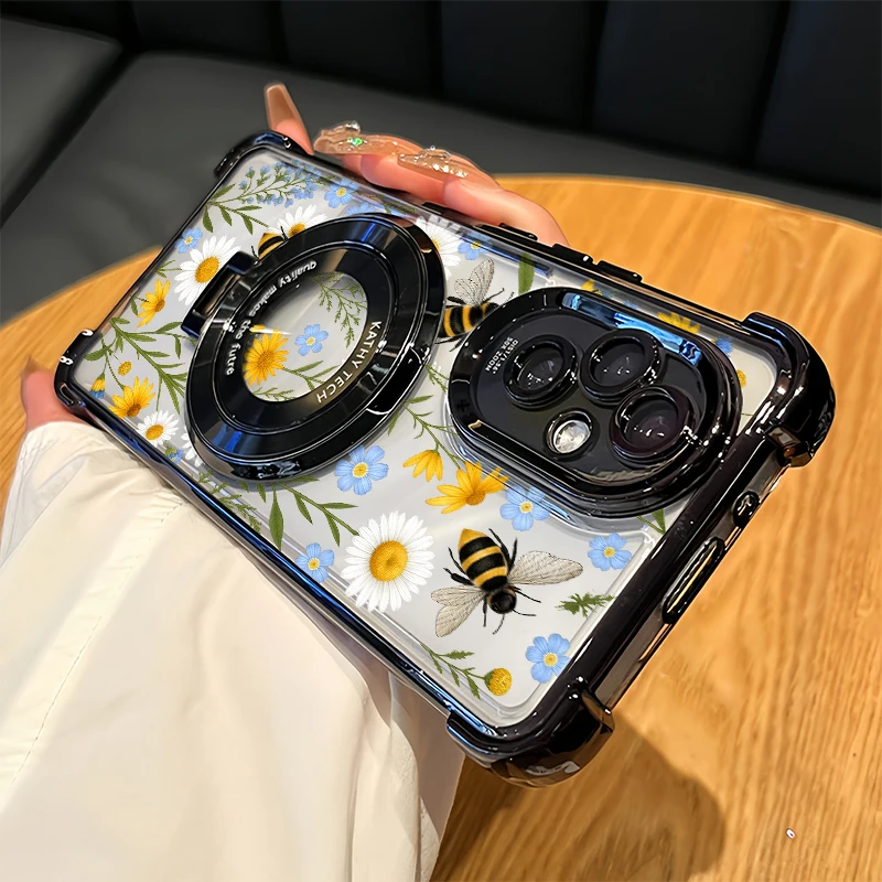 Cartoon Daisy Bee Pattern Phone Case For OPPO Realme 13 Pro Plus 12 11 9 4G 5G Plating Corner Four Corners Anti Drop Covers Etui