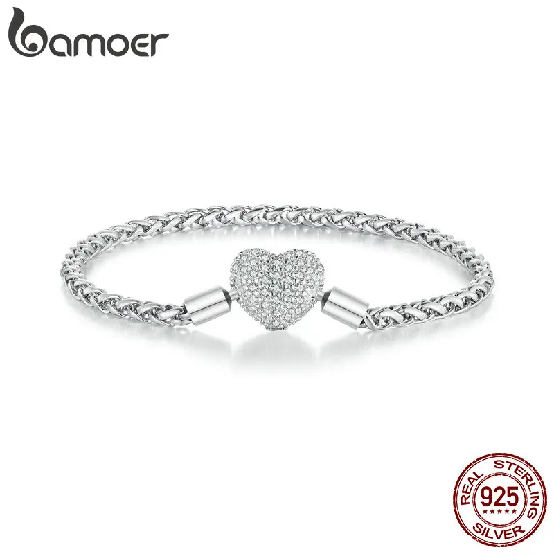 Bamoer 925 Sterling Silver Punk Style Braided Silver Chain Link Heart-Shaped Buckle Basic Bracelet  Pave Setting CZ for Women