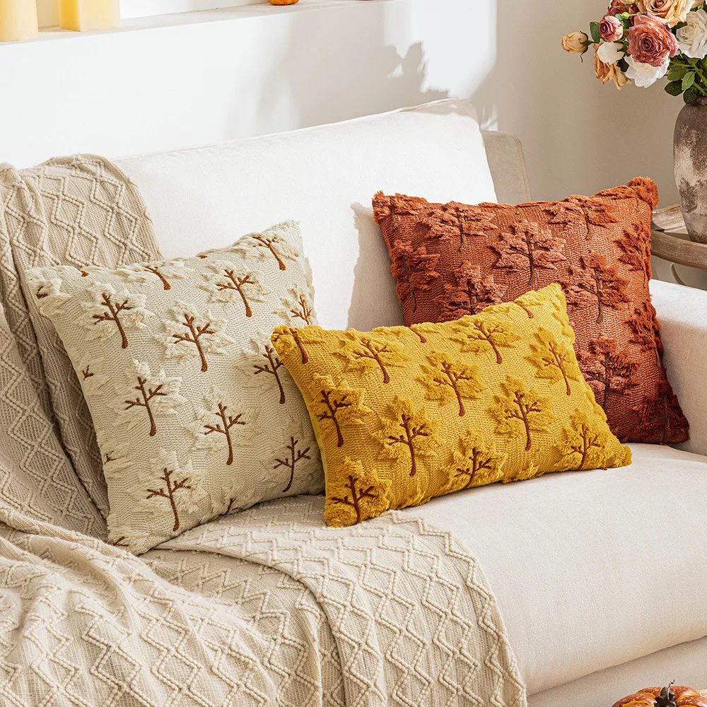 45x45/50x50cm Autumn Maple Leaf Plush Pillowcase Three-Dimensional Leaf Embroidery Pillow Cover Living Room Sofa Cushion Covers