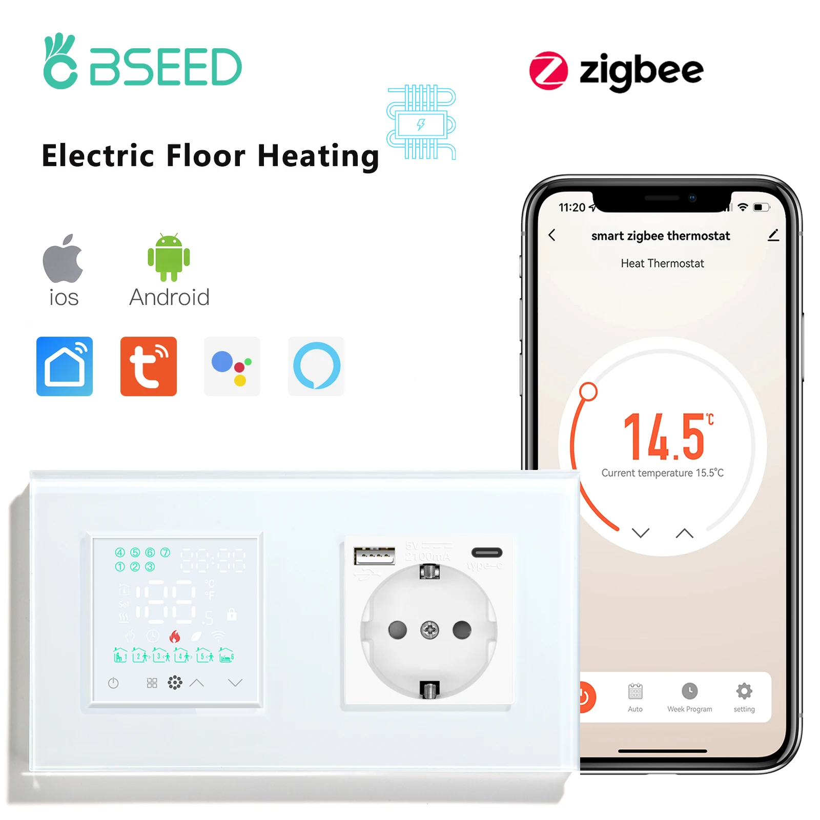 

Термостат для теплого пола BSEED Zigbee, электрический регулятор температуры с обычной розеткой, умная жизнь, управление через Google Home