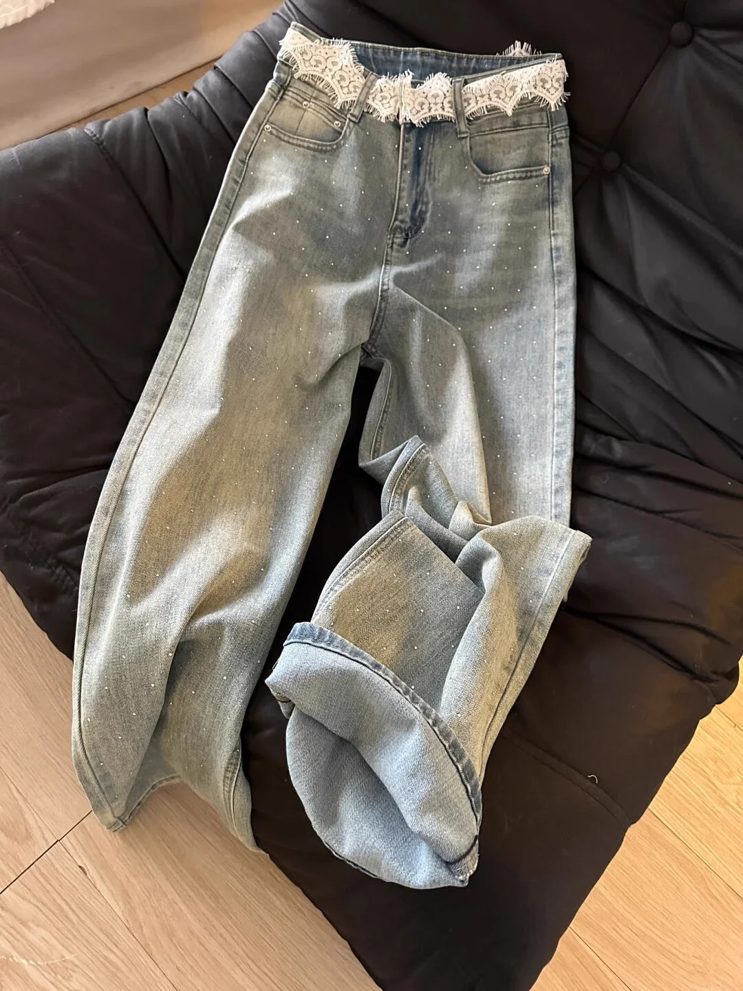 Retro renda emenda strass calças jeans femininas primavera outono cintura alta perna larga jeans coreano versátil solto calças retas