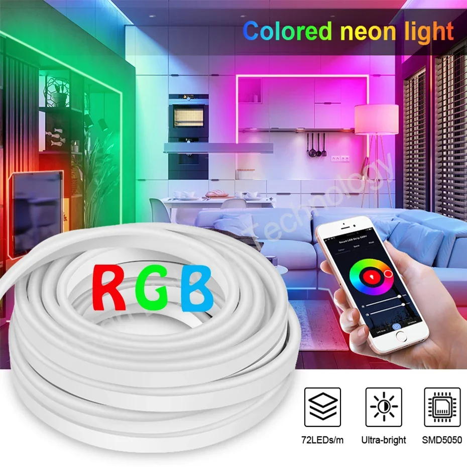 220V EU Plug LED Neon Strip RGB Dimmable SMD 5050 Waterproof Flexible Ribbon Tape Tuya Smart WiFi /Bluetooth/ IR Remote 1m-100m