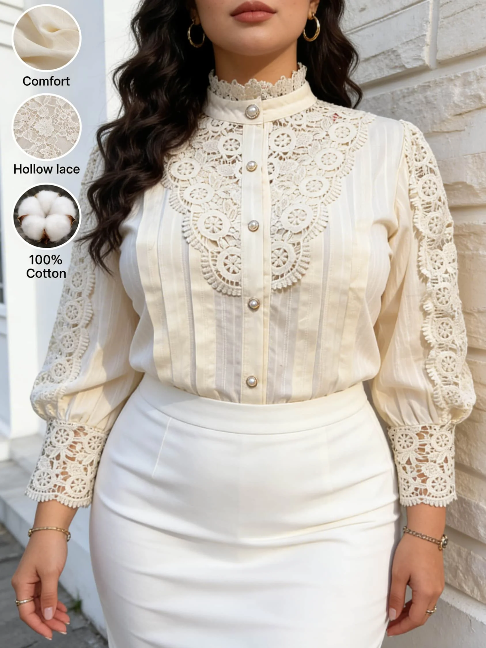 

Women Elegant Lace Blouse Stand Collar Puff Long Sleeve Button Up Elegant Party Top Plus Size Women's Clothes Office Top