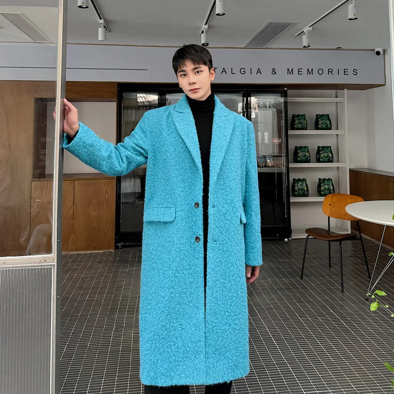 

SYUHGFA Korean Long Lapel Woolen Jacket 2024 Winter Lapel Men's Clothing Loose Coat Blue Thickening Tops Fashion Woolen Jackets