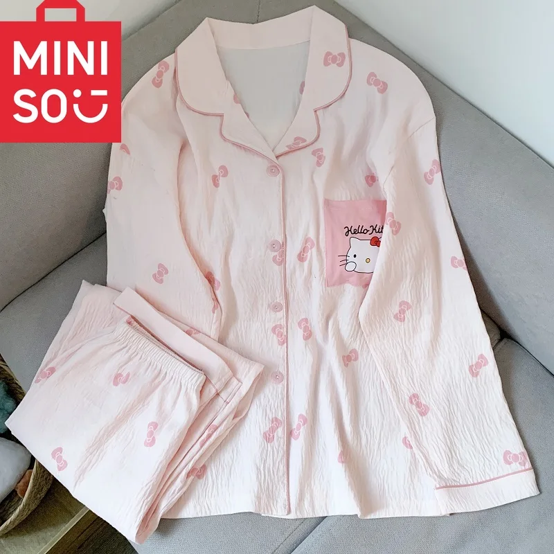 

M-5XL Пижамный комплект больших размеров для женщин, осень-зима, мультяшный кот, бант, милая домашняя одежда, мягкая и легкая пижама De Hello Kitty