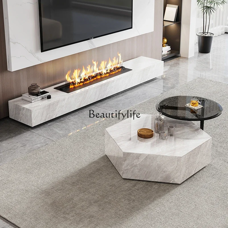 56Living room light luxury rock slab coffee table group high-end villa solid wood modern simple square