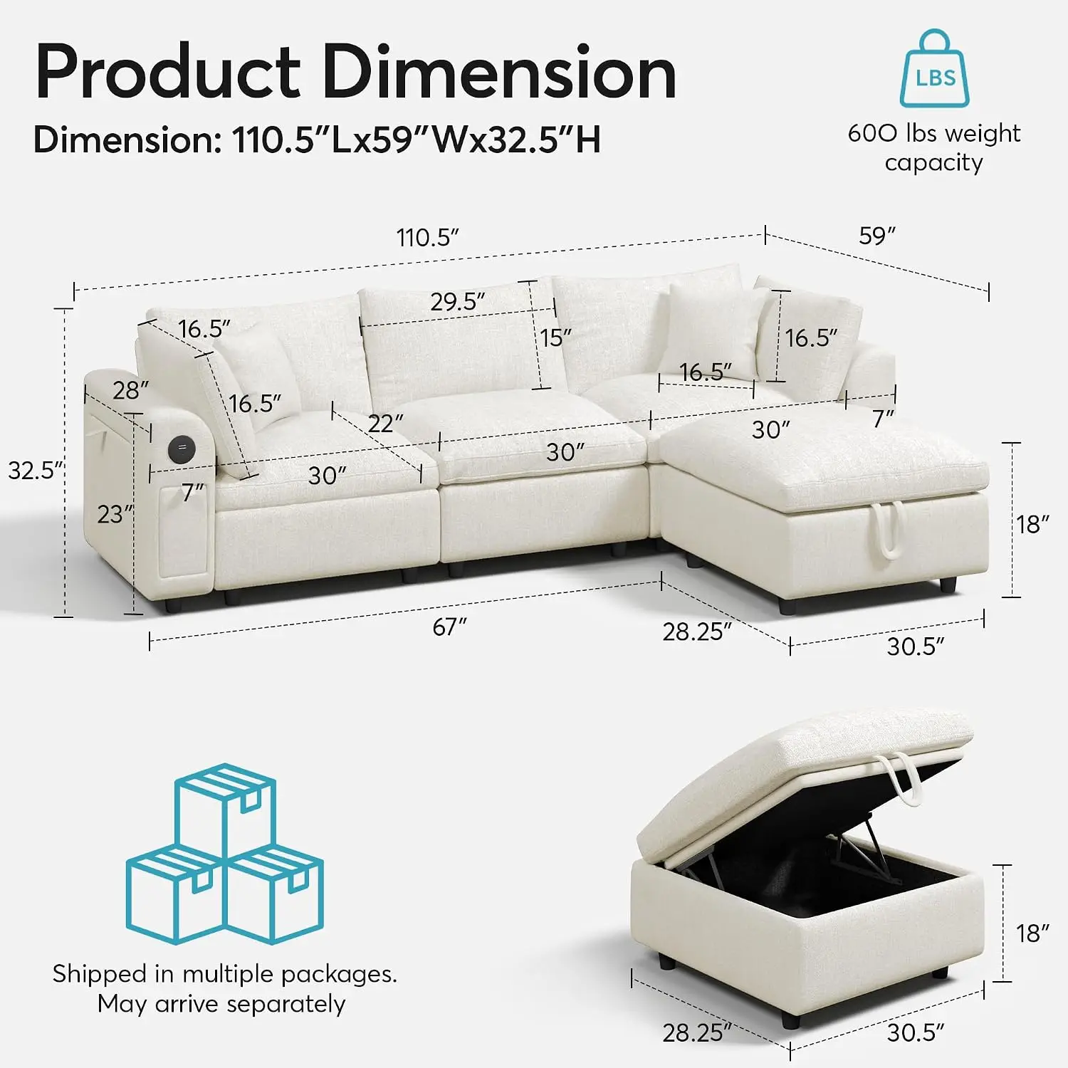 L-Shape Modular Sofa with Storage Ottoman, Wood Frame, USB & Cup Holders, Chenille Fabric for Living Room, Beige, Customized