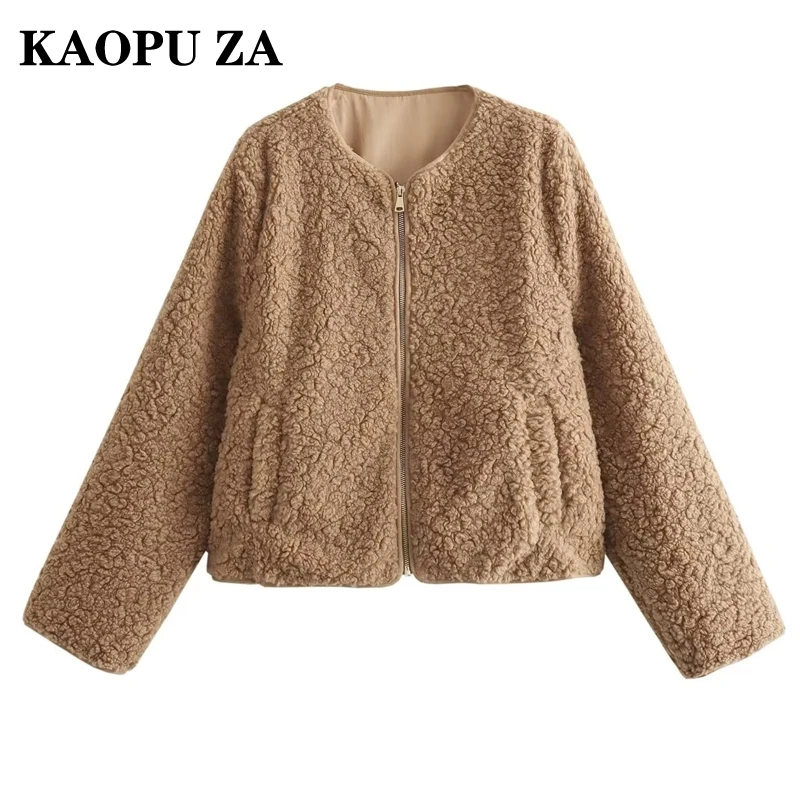 

KAOPU ZA 2024 New Spring Ladies Fashion Fleece Short Jacket Coat Women's Solid Plush Warm Outerwear Casual Zipper Long Sleeve To