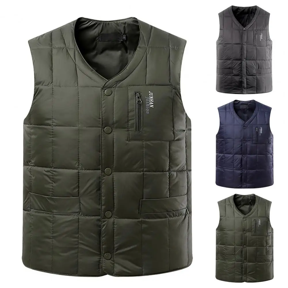 Men Winter Vest Single-breasted Sleeveless Solid Color Cardigan Zipper Decor Cold-proof V Neck Padded Plus Size Winter Cotton Co