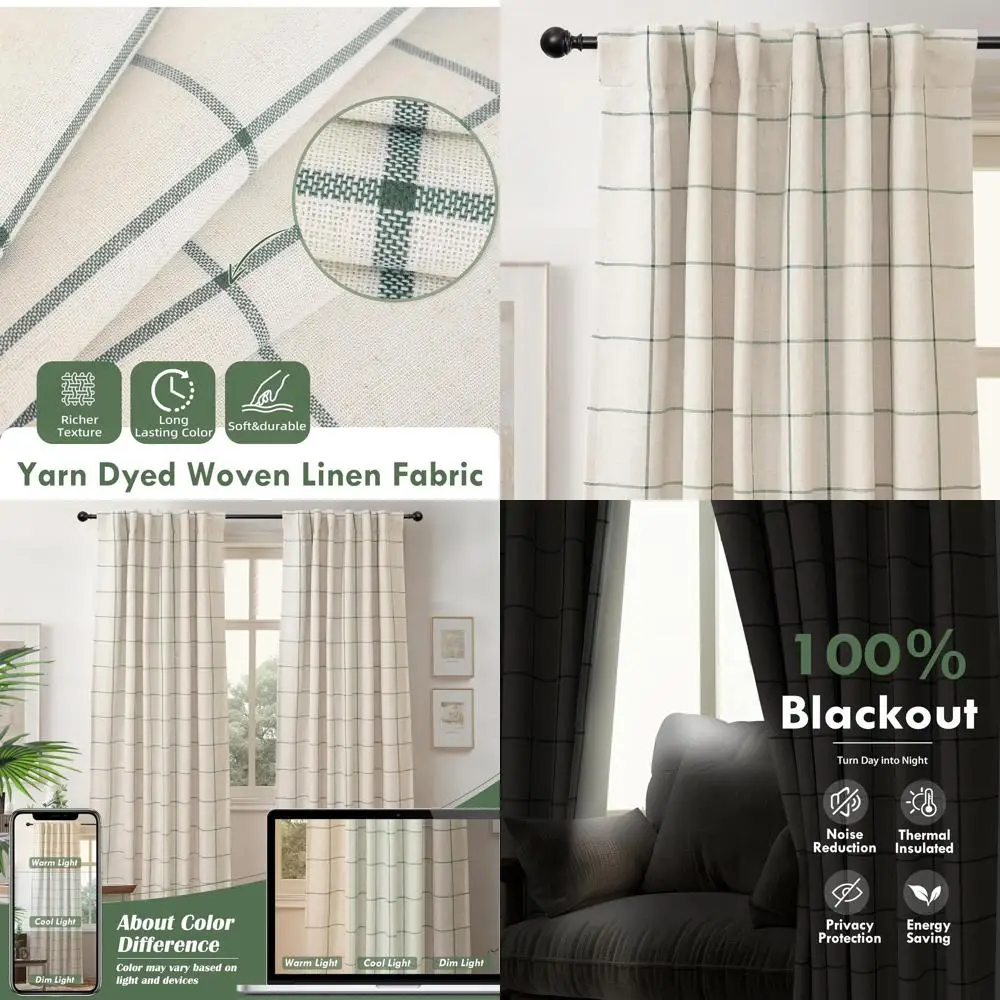 

Термоизолирующие светонепроницаемые льняные шторы, 84 дюйма в длину, двухслойные, в стиле фермерского дома, цвет лоден-зеленый