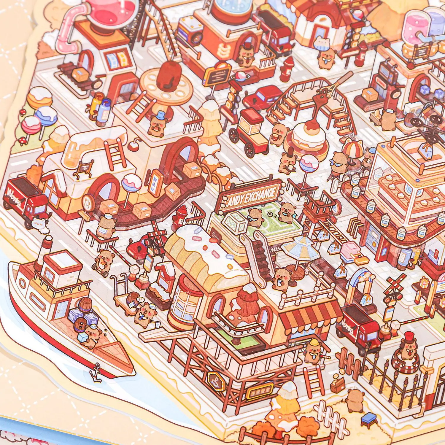 Cartoon Kapibala 3D Landscape Sticker Book Visual Stacking DIY Pocket Cabin Scene Stickers Miniature Scene Stickers Gift