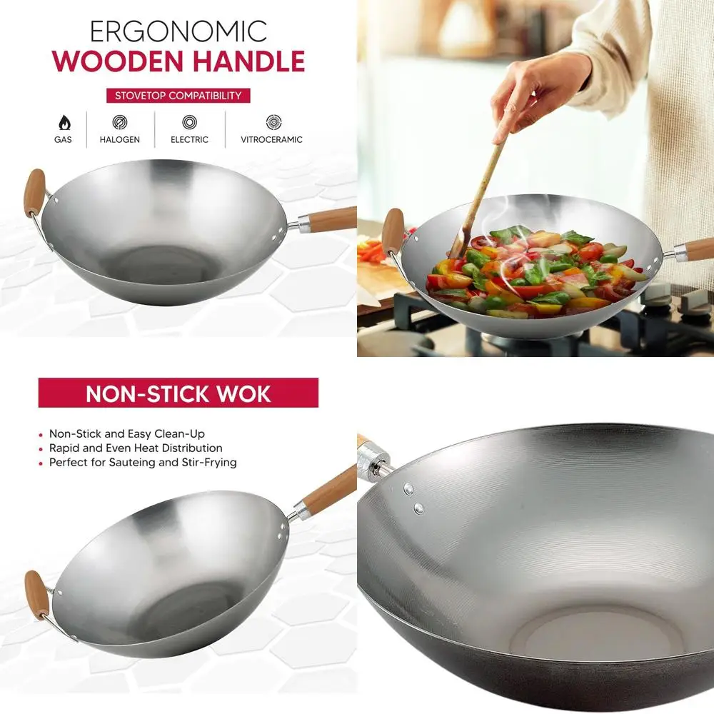 

14-дюймовая сковорода-вок из углеродистой стали с бамбуковой ручкой