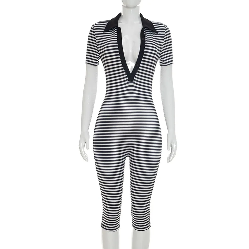 Trendige Damen-Playsuits mit V-Ausschnitt, gestreiften Knöpfen, Umlegekragen, Capri-Beinen, Sommer-Casual-Bodysuits, Loungewear – Detail 10