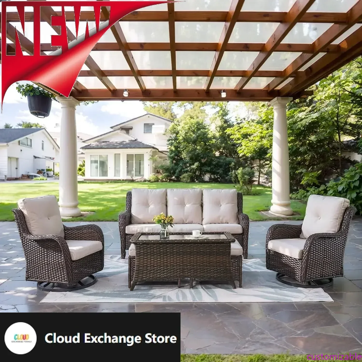 

Customizable-Wicker Outdoor Furniture Patio Furniture Set - 6 Piece Patio Conversation Set With Swivel Rocker Chairs, Rattan Sof