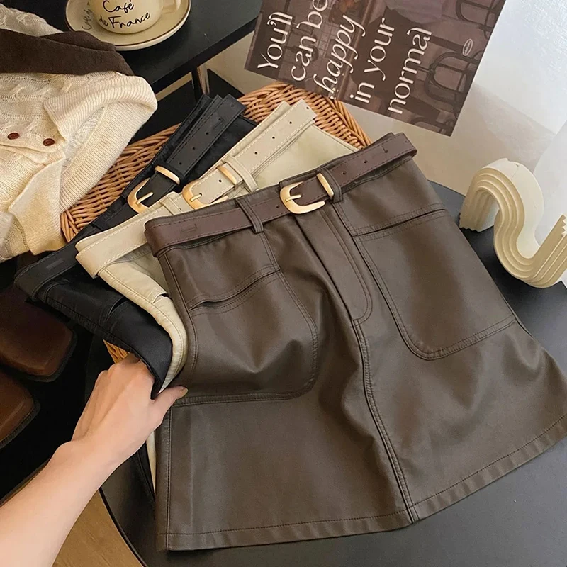 Pu Leather Cargo Mini Skirts for Women Y2K Autumn Streetwear with Belts Casual A Line Skirt Korean High Waist Solid Casual Skirt