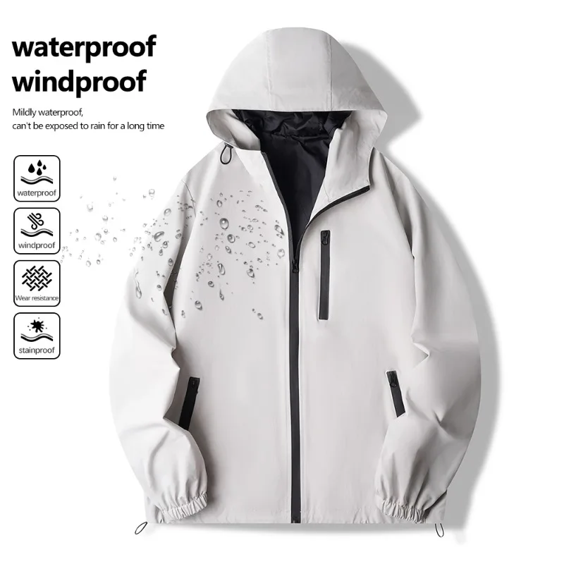 

Windproof Waterproof Men's Jacket Fashion Hooded Black White Loose Outerwear Casual Outdoor Hiking Coats Autumn Clothing