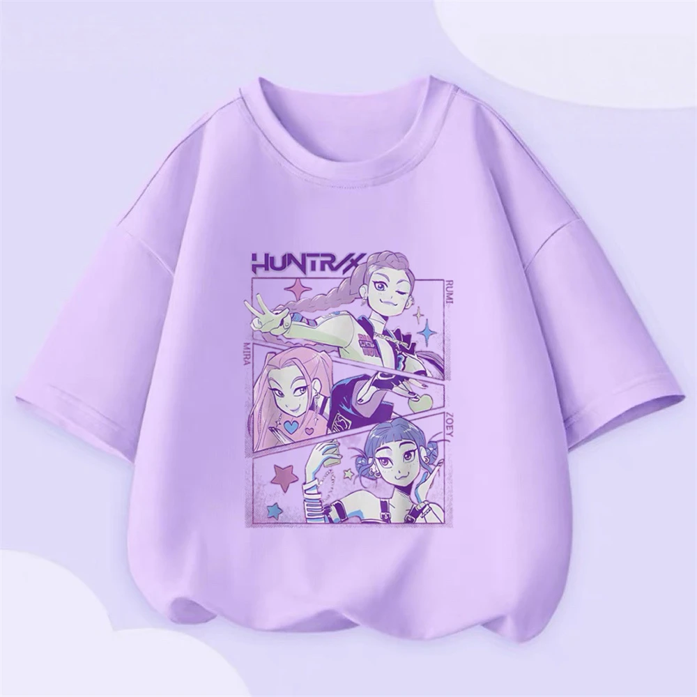 Kpop الفتيات ملابس الصيف الأرجواني تي شيرت قصير الأكمام بلايز الكرتون المطبوعة Crewneck قاعدة قميص كل مباراة تيز ملابس القطن الخالص