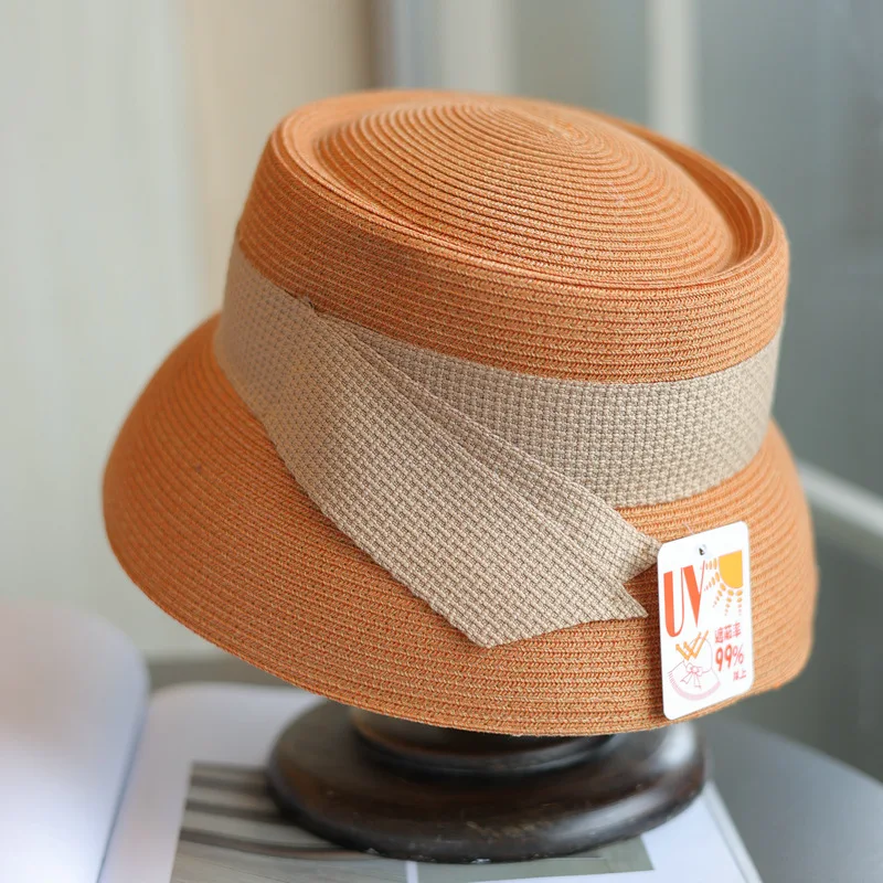 Hepburn fashion concave top straw hat French retro textured ribbon sunblock beach fisherman basin hat