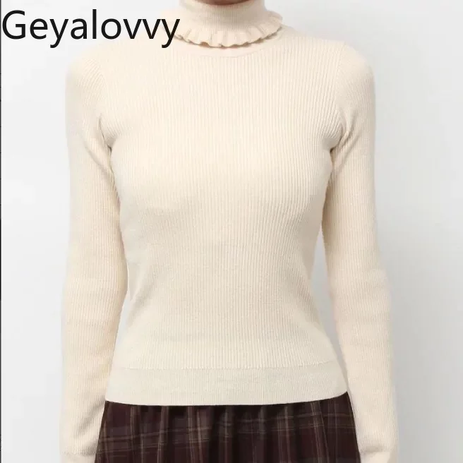 Pull polyvalent à Base de couleur unie pour filles, doux, polyvalent, mignon, bord à volants, haut tricoté fin, nouvelle collection automne hiver