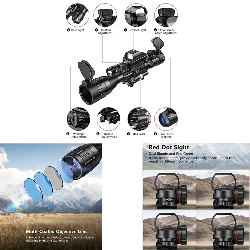 

MidTen 4-16x50 AO Scope Dual Illuminated Optic & Illuminated Reflex Sight 4 Holographic Reticle Red/Green Dot Sight & Flashlight