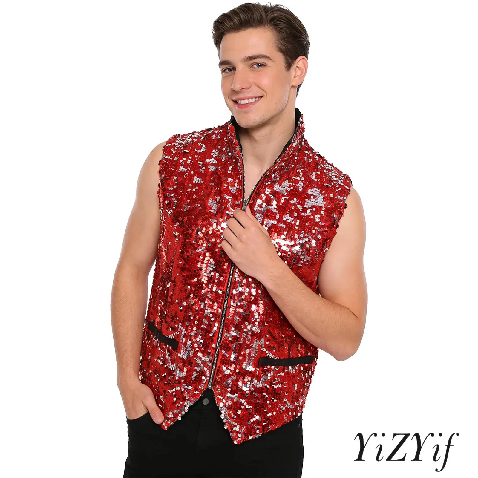 

Мужской жилет для диско-танца с воротником-стойкой без рукавов и молнией спереди, жилет на подкладке, майка, жилет для джазовых танцев для фестиваля рок-музыки