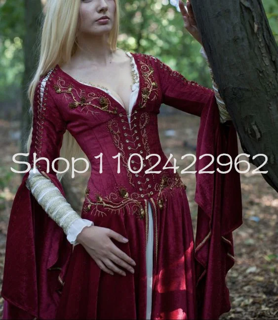 Medieval Fantasy Crimson prom occasion Dress with Long Sleeve Embroidery Dark Red velvet costume halloween evening gown