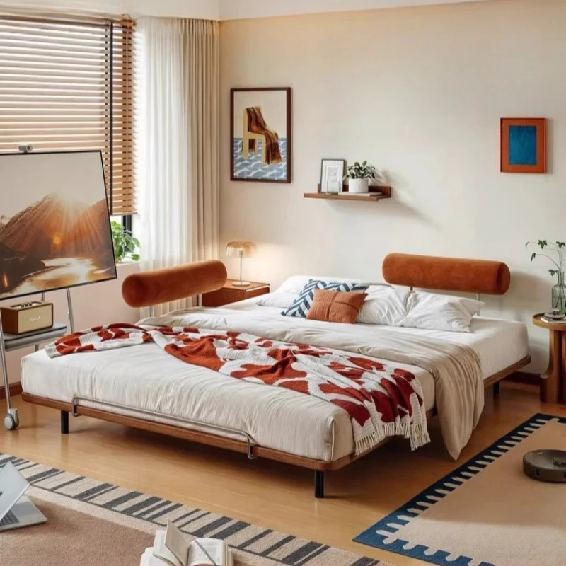 Movable pillow, antique solid wood fabric bed in the bed 2025 new Nordic simple bedside bed