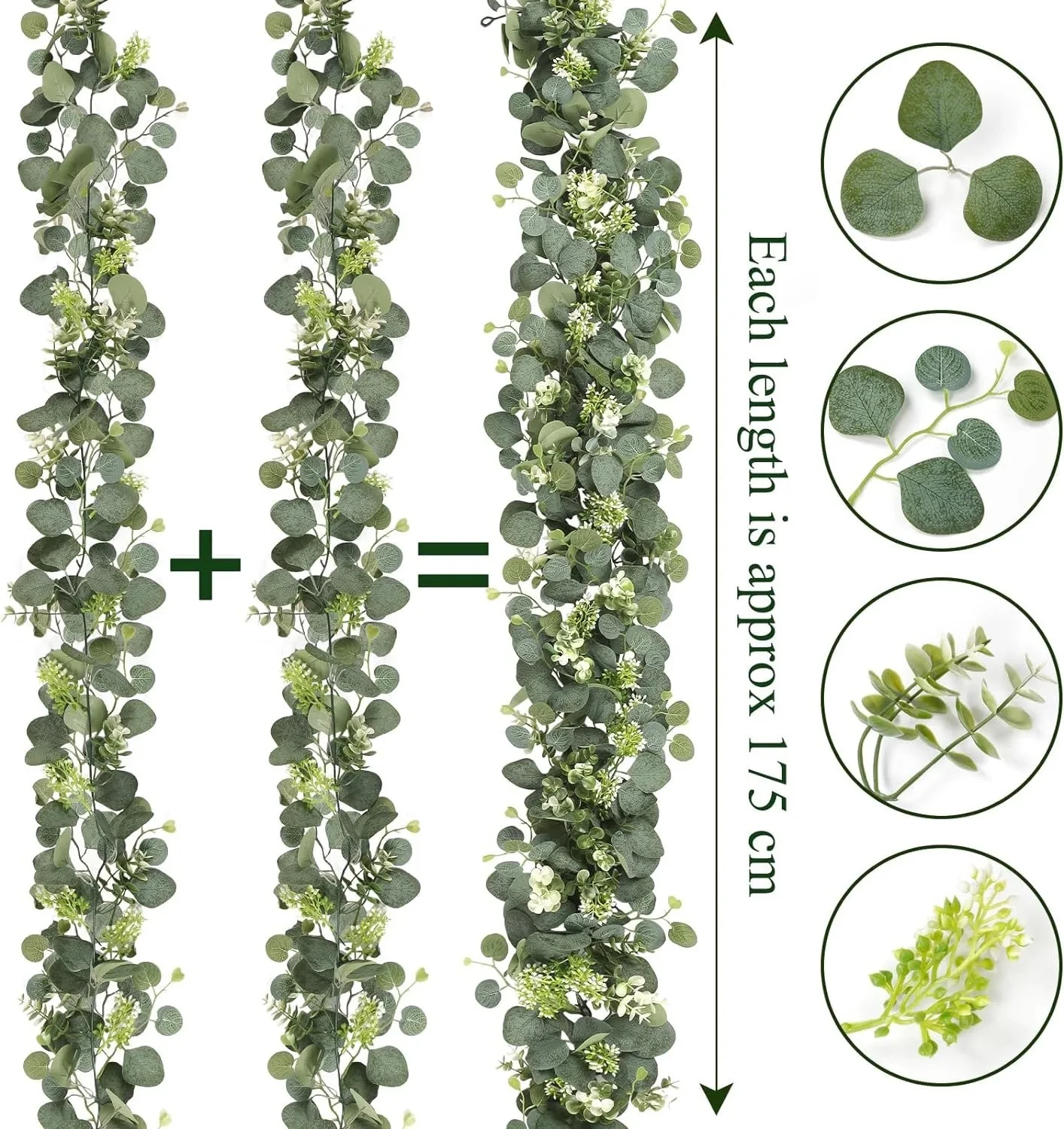 1 Stück künstliche Eukalyptusblätter, grüne Girlande, künstliche Pflanzen, Frühlingsreben mit weißen Blumen, Beeren für Hochzeit, Zuhause, Party, Deko – Detail 4