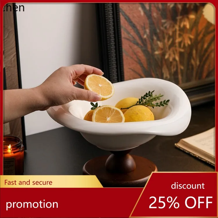 ZML ceramic fruit tray with high wooden legs, high-end  and snack storage for living room coffee table and entryway decoration