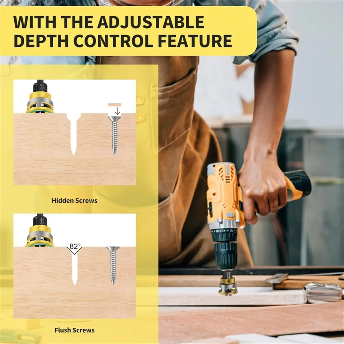 AB52 6-Piece Countersink Drill Bit Set, Pre-Drilling and Countersinking in , with Depth Stop, 1/4 Inch Hex Shank