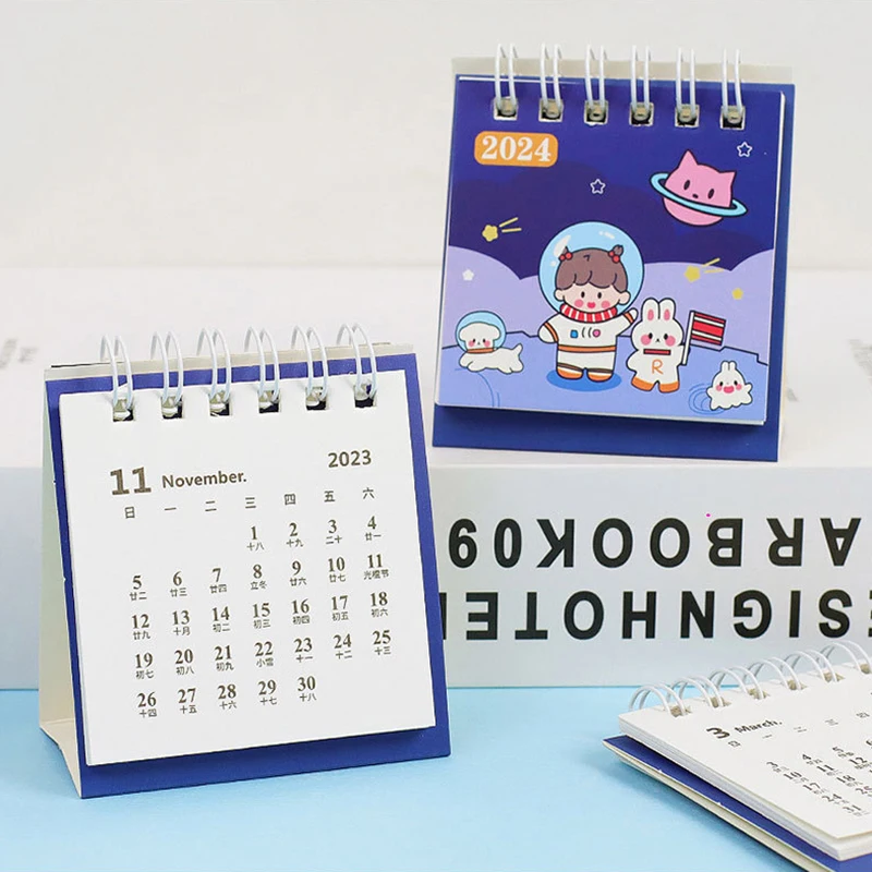 2024 Cute Astronaut Calendar Delicate Mini Portable Desktop Coil Calendar Book Office School Supplies Daily Schedule Planner