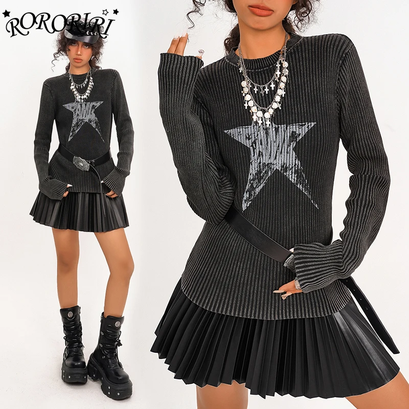 

RORORIRI Do old Star Print Long Sleeves T-shirt Women Retro Black Wash Knitted Jumper Top Pullover Sweater Acubi Y2k Streetwear