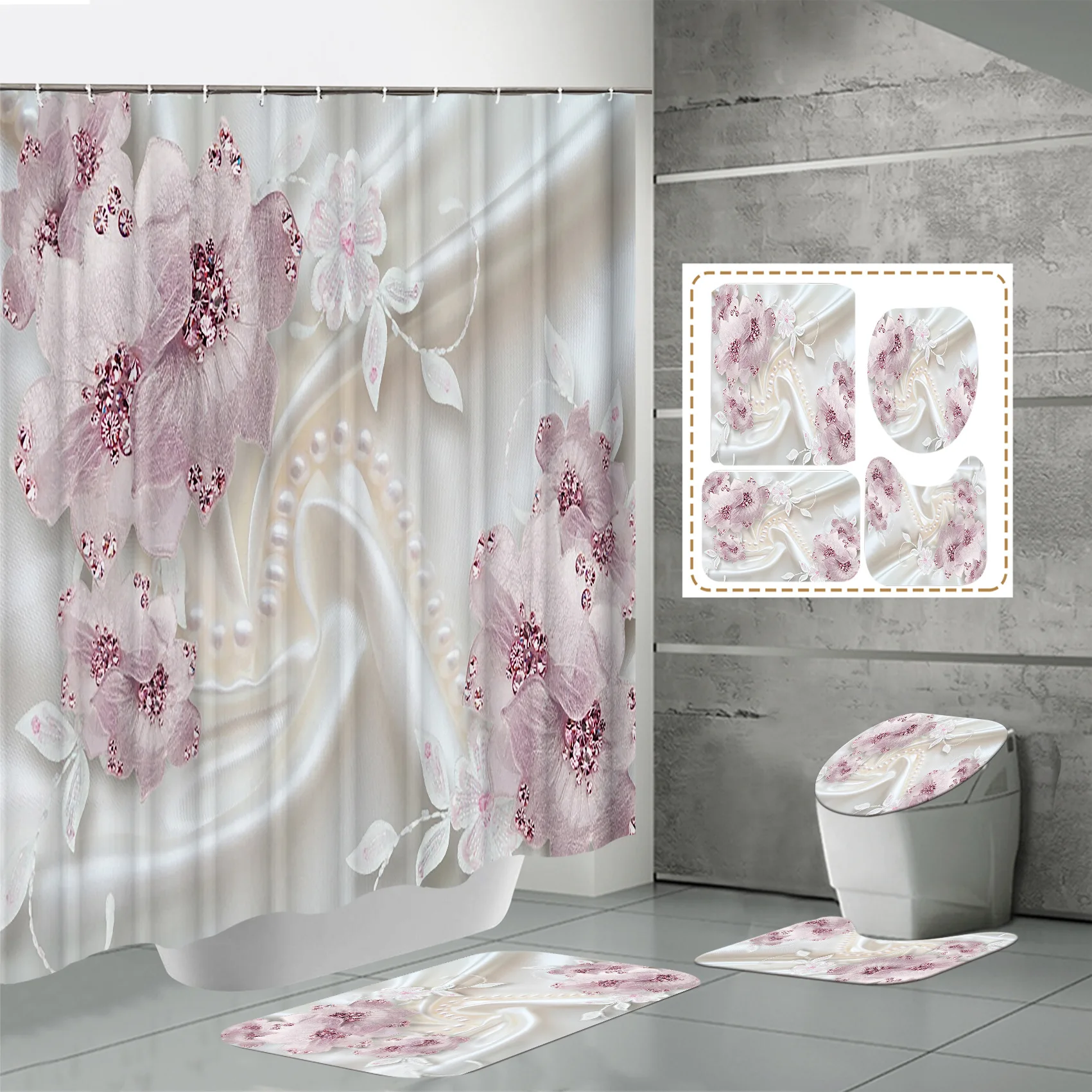 

Vintage Printed Shower Curtain 4-piece set Bathroom Floor mat Toilet Carpet Ultra-soft Shower Curtain Waterproof Home Decor