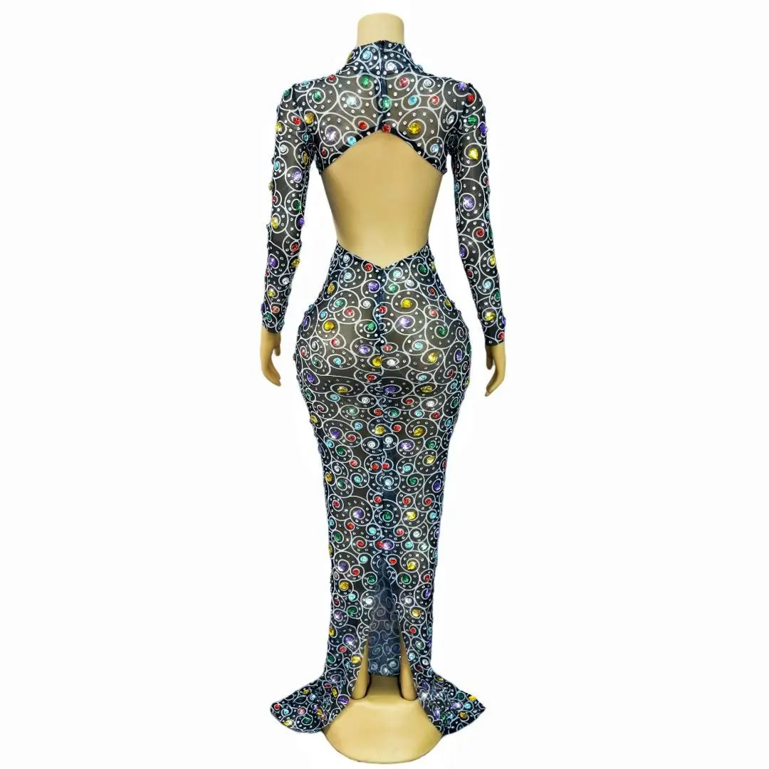 豪華なキラキラ輝くカラフルなラインストーンプリントメッシュドレス、カットアウトマキシ丈ロング、伸縮性のあるランウェイセレブリティイブニングパーティーガウンコスチューム