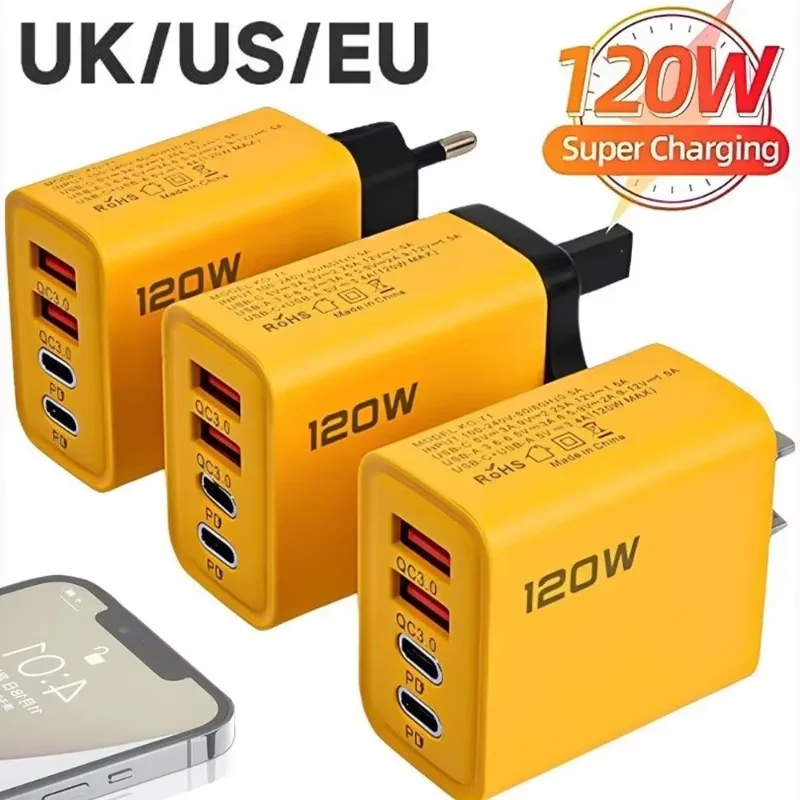 Total 120W Quick Charge 3.0 Fast Charger Muti 4 Port USB Type C PD Mobile Phone Wall Adapter for iPhone 16 Samsung S24 Xiaomi 15