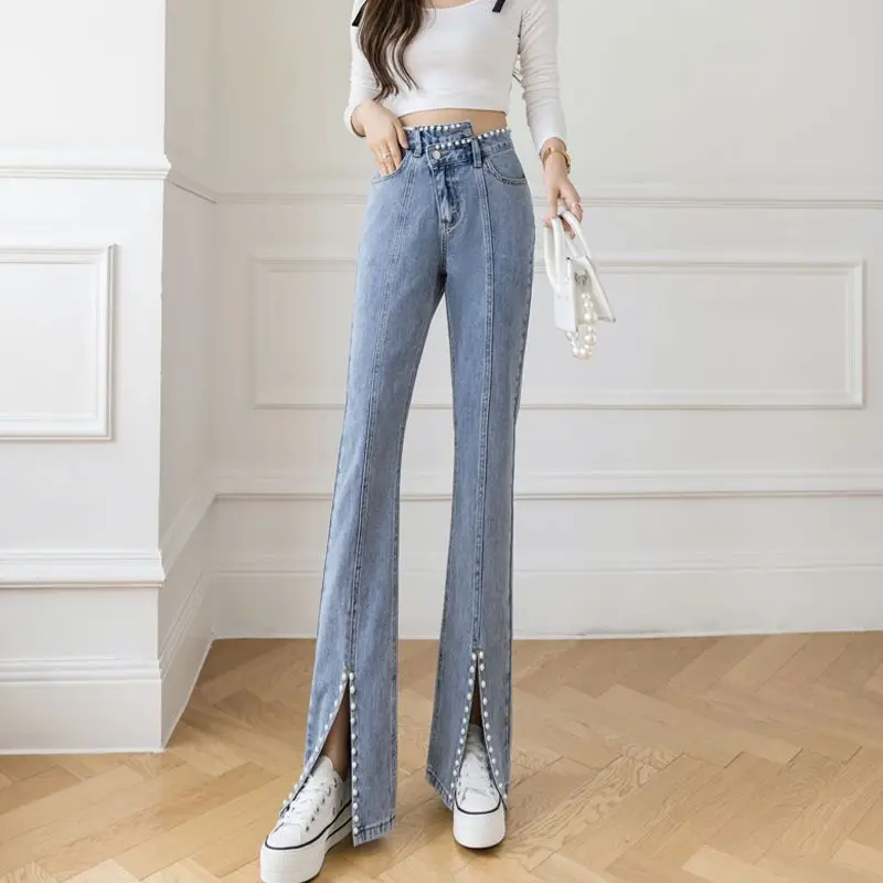 Spring Autumn Fashion High Waist Solid Bell-bottoms Korean Women's Clothing Pocket Casual Trend Button Embroidered Flare Pants