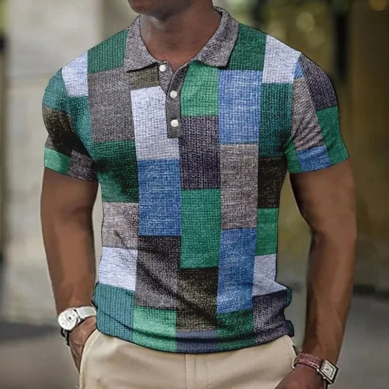 Patchwork Color Block 3D Print Polo Shirts Men\'s Fashion Vintage Streetwear Oversized Short Sleeve Shirt Tees Tops Man Clothing