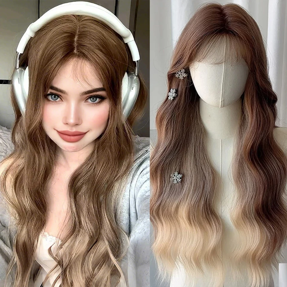

BEAUTYENTER Synthetic wig golden brown gradient long curly hair ripple simulation hair summer thin full head type