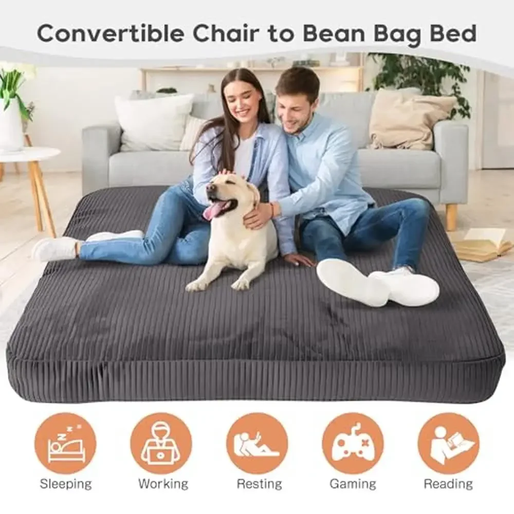 Convertible Giant Bean Bag Chair Bed Mattress 81"x61" Washable Corduroy Sofa Non-Slip Bottom Storage Pocket Practical Mobility