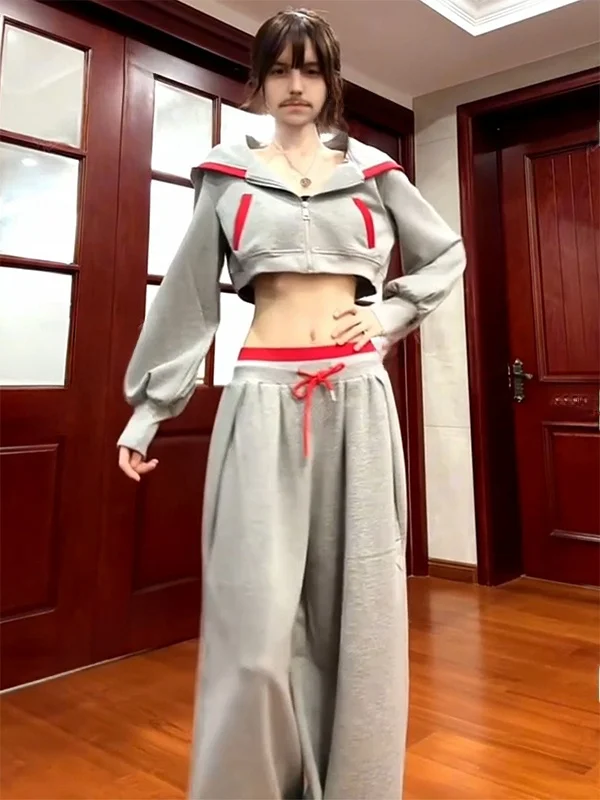 American Retro Color Block Short Sweatshirt Jacket Set High Waist Wide Leg Pants Two Piece Set Autumn Winter Slimming Effect