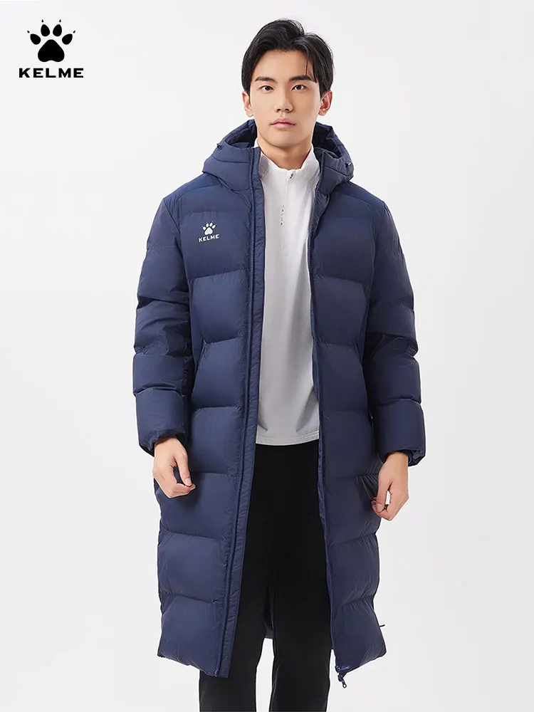 Kelme 남성용 롱 스포츠 코튼 재킷, 겨울 축구 트레이닝 코트, 방풍 및 따뜻함, 야외 두꺼운 코트