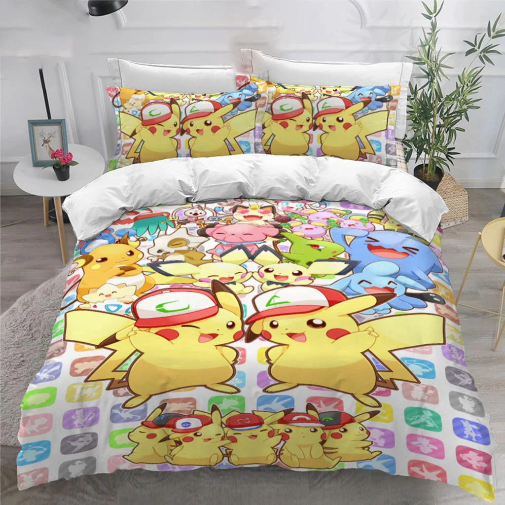 Popular Pokemon Pikachu Duvet Cover Pillowcase Bedding Set Double Twin Full Queen King Adult Kids Bedclothes Quilt Cover Gift