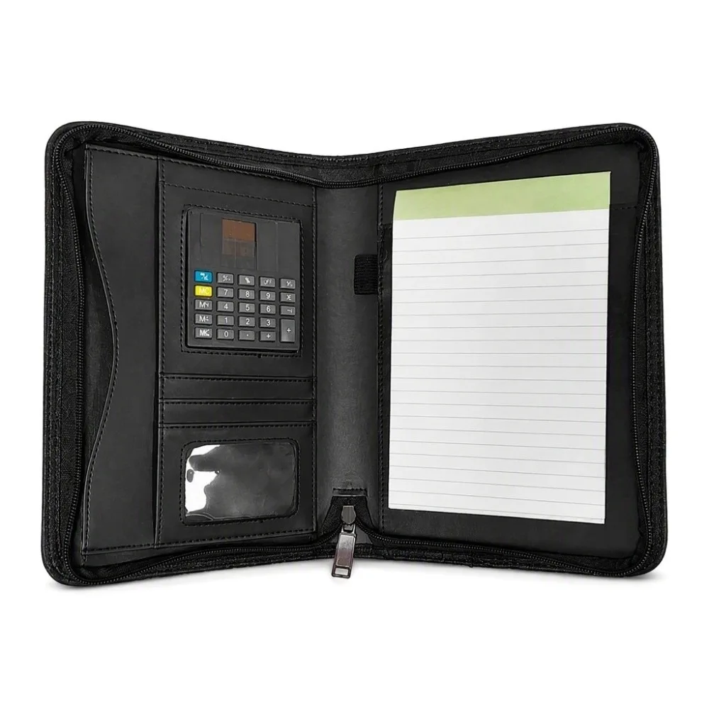 PU Leather Business Portfolio Zippered Closure A5 Size Document Organizer Solar Calculator Card Slots Padfolio Folder Office Use