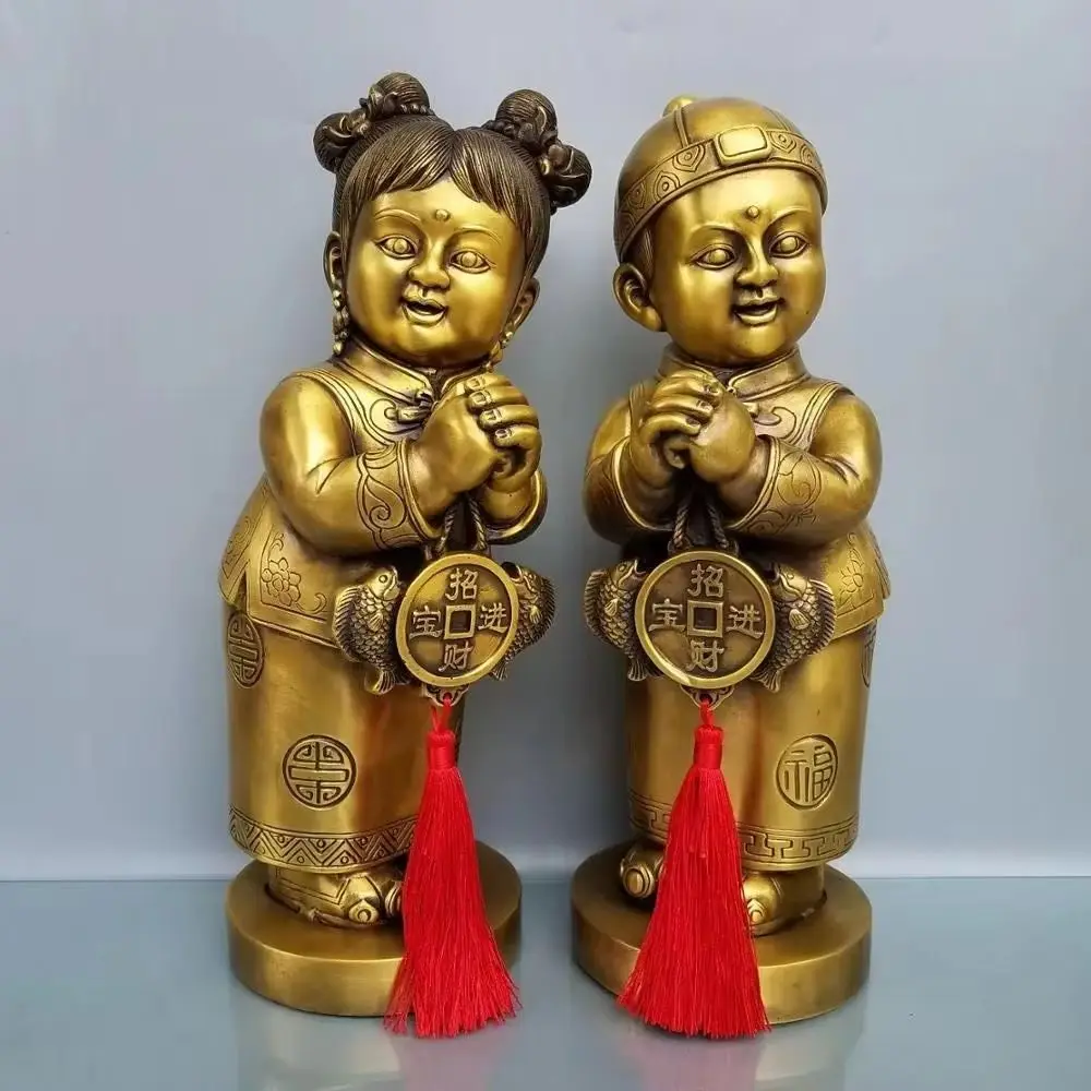 

16"Tibetan Temple Collection Old Brass Coin The Golden Couple Golden boy and jade Girl Perfect Blessing Amass wealth Ornaments