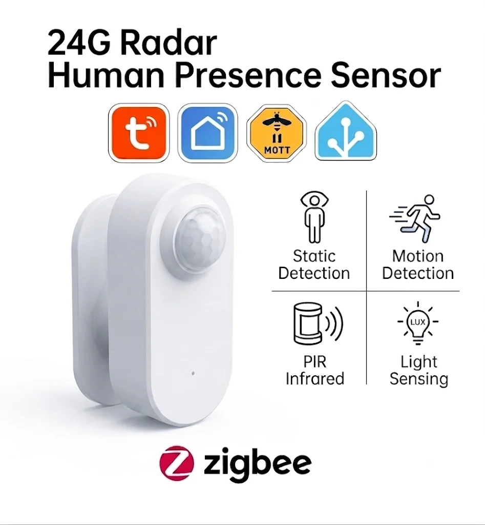 

Tuya Human Presence Sensor Smart Zigbee 24G MmWave Radar +PIR,Luminance detection Use Battery Support Zigbee2mqtt Home Assistant