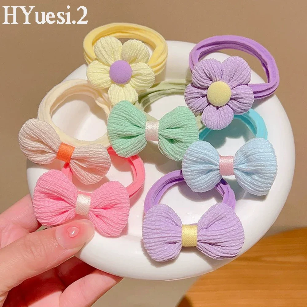 6 pz/set Candy Color Cloth Bowknot Flower Hair Ties Sweet High Elastic Ponytail Holder elastici elastici per bambini ragazza