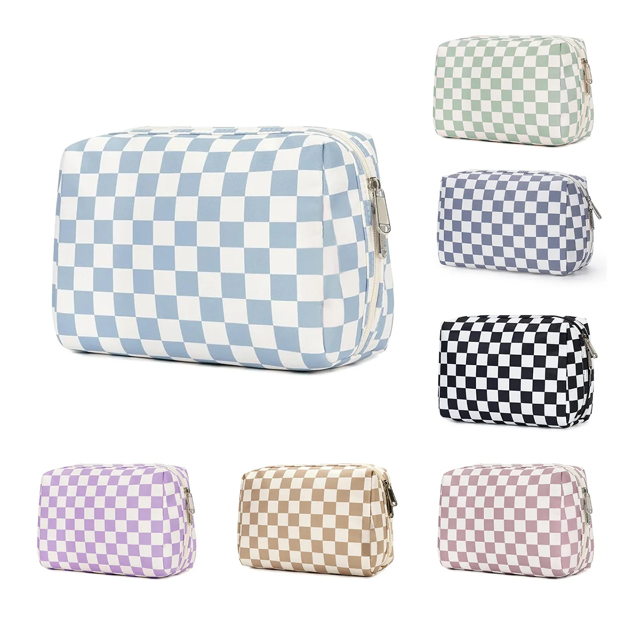 1Pc Fashionable Two-Tone Checkered Makeup Bag Portable Large-Capacity Cosmetic Case Storage Bag Premium Feel Travel Toiletry Bag