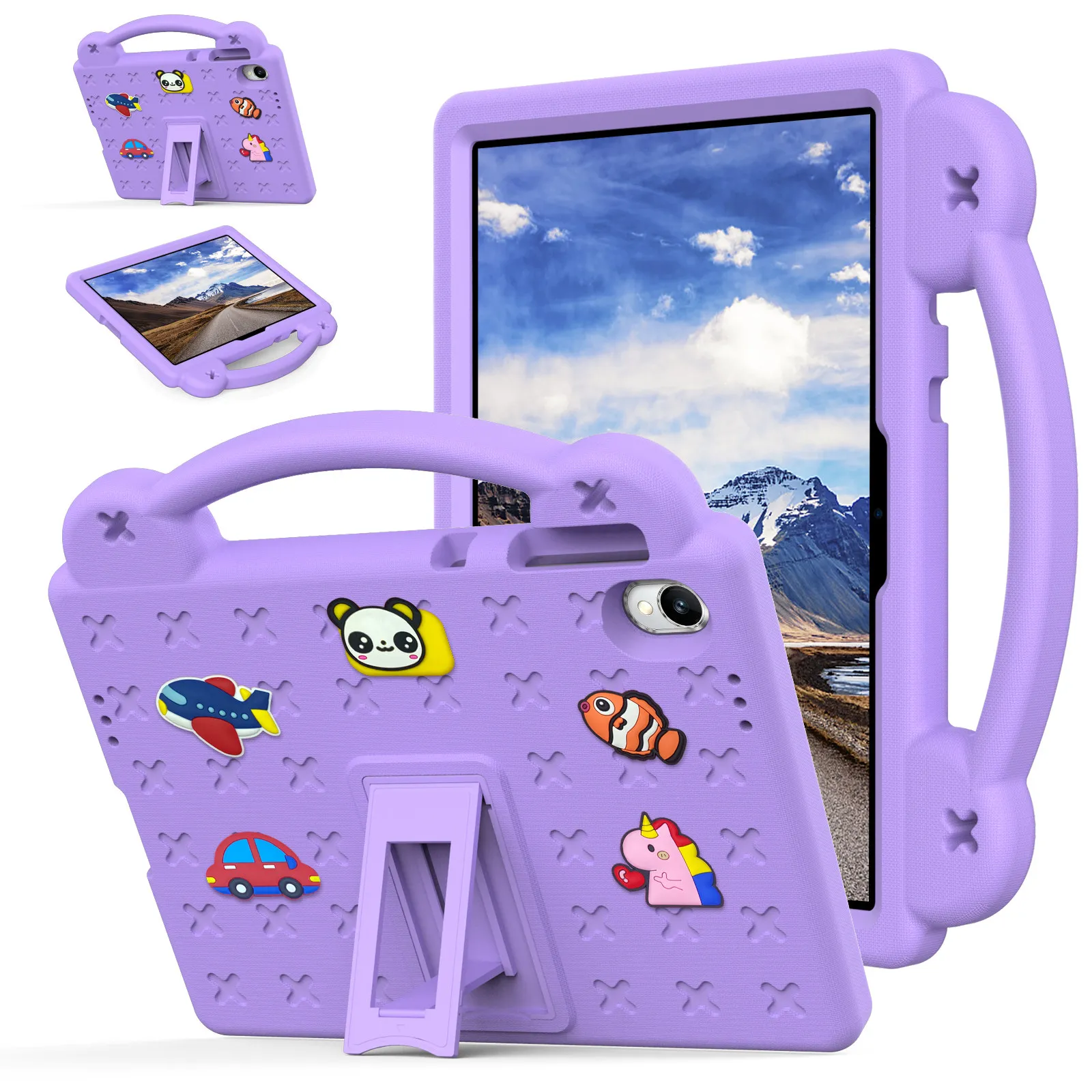 For Walmart Onn 11 inch Core Tablet (2026) Case Kids Cartoon Patterns Hand Grip Kickstand Tablet EVA Cover - Purple